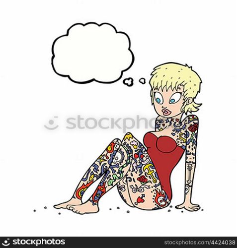 cartoon tattoo girl in swimsuit with thought bubble