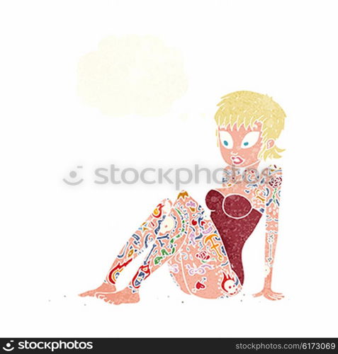 cartoon tattoo girl in swimsuit with thought bubble