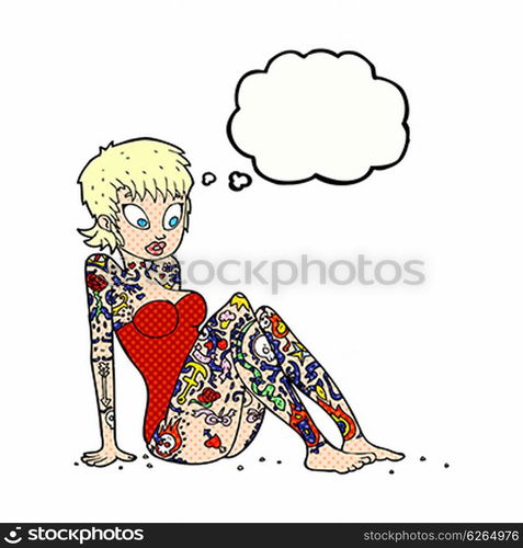 cartoon tattoo girl in swimsuit with thought bubble