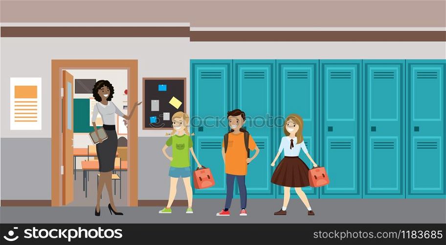 Cartoon Teacher and students in the school hall,school interior, flat vector illustration. Cartoon Teacher and students in the school hall,