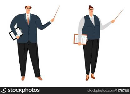 Cartoon teachers. Happy woman teacher in school uniform with glasses and explaining lecture profesor characters isolated on white. Cartoon teachers characters