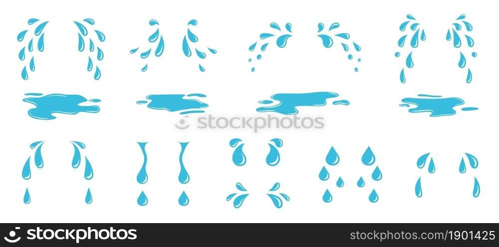 Cartoon tears. Flat water drops, drop of sweating or crying. Isolated blue rain elements, droplet and puddle. Despair emotions exact vector set. Illustration rain and water, drop and droplet. Cartoon tears. Flat water drops, drop of sweating or crying. Isolated blue rain elements, droplet and puddle. Despair emotions exact vector set