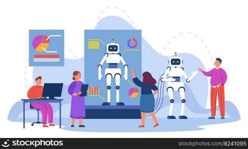 Cartoon tech team people creating robots in lab. Machine or hardware engineering, scientist with computer, new invention flat vector illustration. Technology, development, science concept for banner