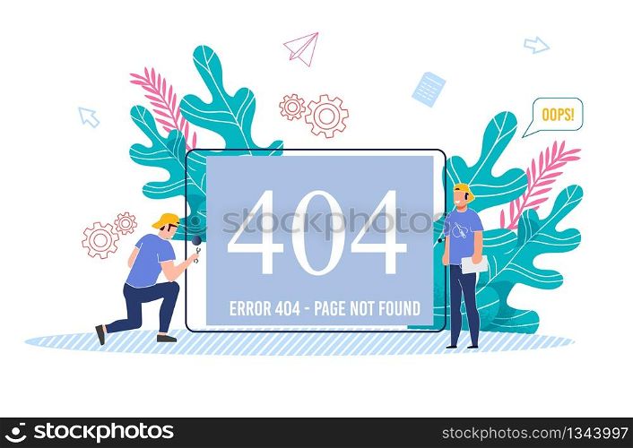 Cartoon Technician Male Team Working on Fixing 404 Error. Huge Warning Text on Broken Digital Tablet Screen. Disconnection and Webpage Failure. Technical Support Service Help. Vector Flat Illustration. Technician Male Team Working on Fixing 404 Error