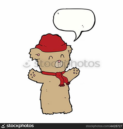 cartoon teddy bear in hat and scarf with speech bubble