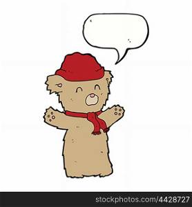 cartoon teddy bear in hat and scarf with speech bubble