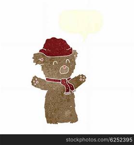 cartoon teddy bear in hat and scarf with speech bubble