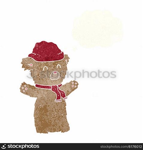 cartoon teddy bear in hat and scarf with thought bubble