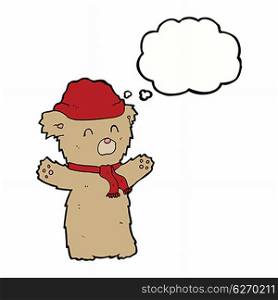 cartoon teddy bear in hat and scarf with thought bubble
