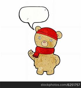 cartoon teddy bear in winter hat and scarf with speech bubble