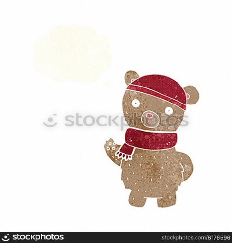 cartoon teddy bear in winter hat and scarf with thought bubble
