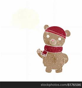 cartoon teddy bear in winter hat and scarf with thought bubble