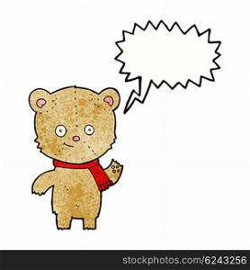cartoon teddy bear waving with speech bubble