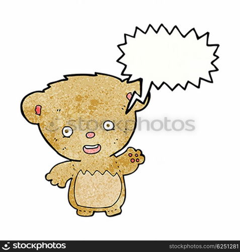 cartoon teddy bear waving with speech bubble