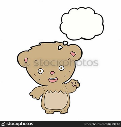 cartoon teddy bear waving with thought bubble