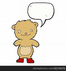 cartoon teddy bear wearing boots with speech bubble