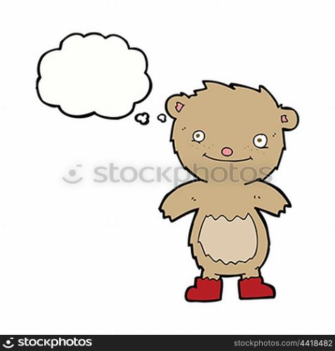 cartoon teddy bear wearing boots with thought bubble