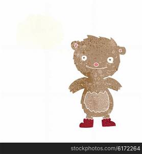 cartoon teddy bear wearing boots with thought bubble