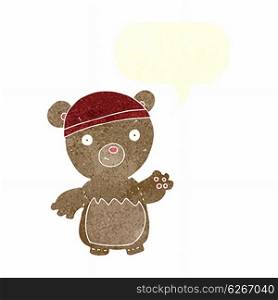 cartoon teddy bear wearing hat with speech bubble
