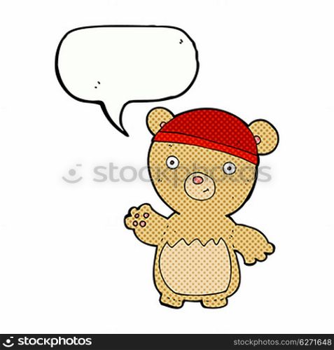 cartoon teddy bear wearing hat with speech bubble