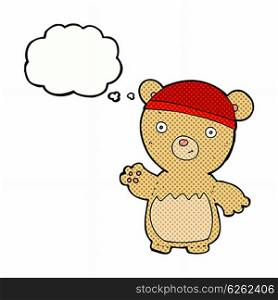 cartoon teddy bear wearing hat with thought bubble