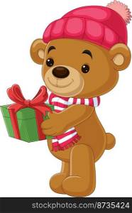 Cartoon teddy bear wearing scarf and hat holding gifts