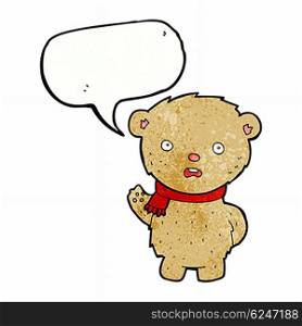 cartoon teddy bear wearing scarf with speech bubble