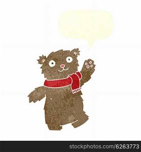 cartoon teddy bear wearing scarf with speech bubble