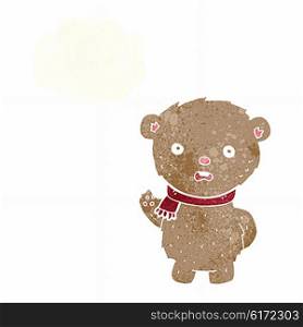 cartoon teddy bear wearing scarf with thought bubble