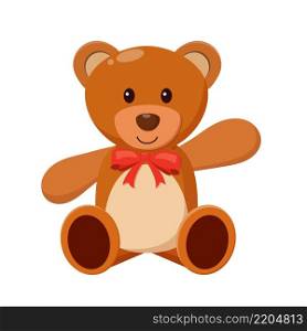 cartoon Teddy bear with red bow. Bear plush toy. Teddybear icon Isolated on white background. Vector illustration in flat style. Teddy bear with red bow