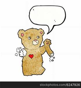 cartoon teddy bear with torn arm with speech bubble