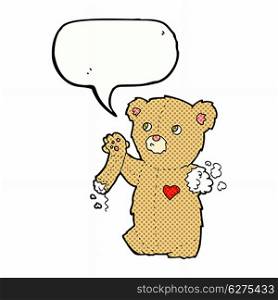 cartoon teddy bear with torn arm with speech bubble