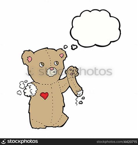 cartoon teddy bear with torn arm with thought bubble
