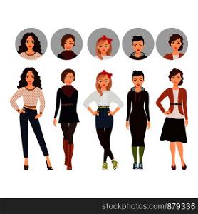 Cartoon teenage girl in everyday dress vector illustration with face evetar icons vector set. Cartoon teenage girl in everyday clothes