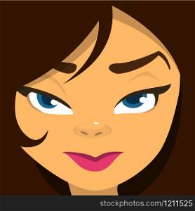 Cartoon teenager girl portrait with curly black haircut . Vector illustration
