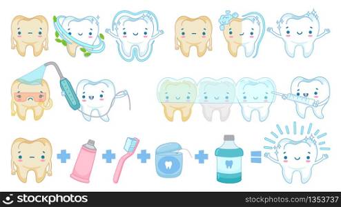 Cartoon teeth whitening. White clean tooth mascot, tooth brushing and sad yellow teeth vector illustration set. Healthy dental whitening, smiling mouth and clean teeth. Cartoon teeth whitening. White clean tooth mascot, tooth brushing and sad yellow teeth vector illustration set
