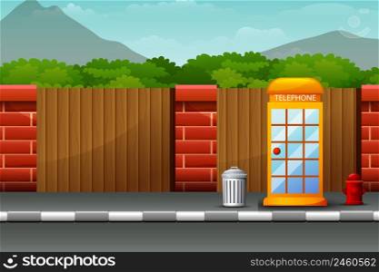 Cartoon telephone box on the roadside with nature background