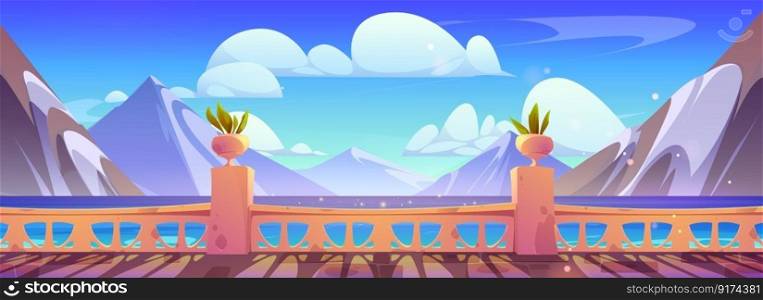 Cartoon terrace with sea mountain view vector illustration. Marine river and sky landscape from hotel apartment balcony or embankment with fence. Nautical outside resort lounge for vacation.. Cartoon terrace with sea view vector illustration