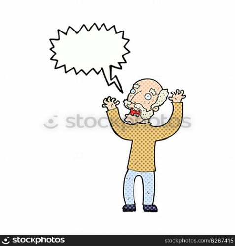 cartoon terrified old man with speech bubble