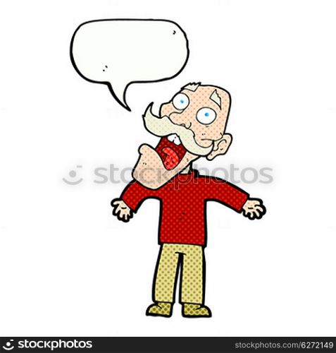 cartoon terrified old man with speech bubble