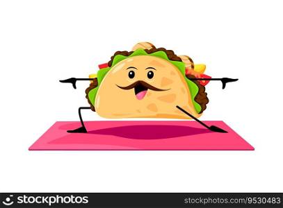 Cartoon Tex Mex Mexican food taco character on yoga fitness. Tex Mex fastfood meal funny character, Mexican cuisine takeaway food isolated vector cute mascot or taco comical personage on yoga. Cartoon Tex Mex Mexican taco character on yoga