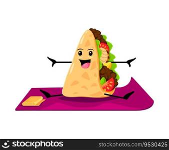 Cartoon tex mex quesadilla mexican food character on yoga fitness. Isolated vector whimsical personage practicing yogi poses, promoting balance, flexibility and healthy lifestyle with a humorous touch. Cartoon tex mex quesadilla food character on yoga