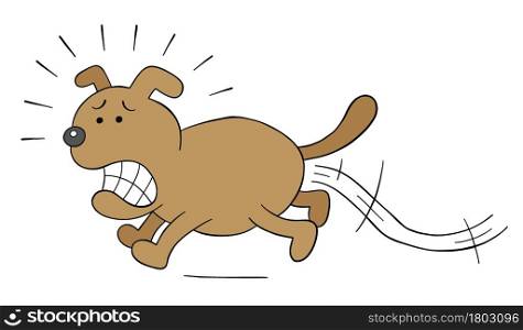 Cartoon the dog is scared and runs away, vector illustration. Colored and black outlines.