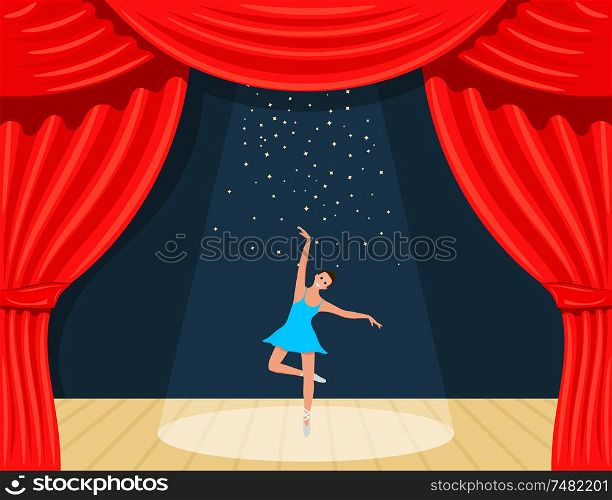 Cartoon theater. A theatrical curtain with searchlights of rays, stars and a ballerina. Young dancing ballerina on stage. Vector illustration