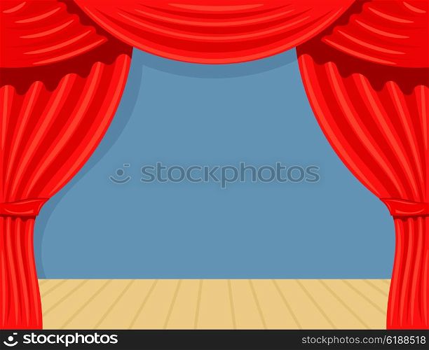 Cartoon theater. Theater curtain and scene. Spectacle. Red silk side scenes on stage. Stock &#xA;vector