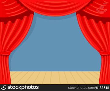 Cartoon theater. Theater curtain and scene. Spectacle. Red silk side scenes on stage. Stock &#xA;vector