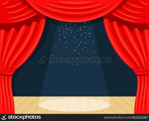Cartoon theater. Theater curtain with spotlights beam and stars. Open theater curtain. Red &#xA;silk side scenes on stage. Stock vector