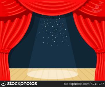 Cartoon theater. Theater curtain with spotlights beam and stars. Open theater curtain. Red &#xA;silk side scenes on stage. Stock vector