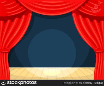 Cartoon theater. Theater curtain with spotlights beam. Open theater curtain. Red silk side scenes on stage. Stock vector