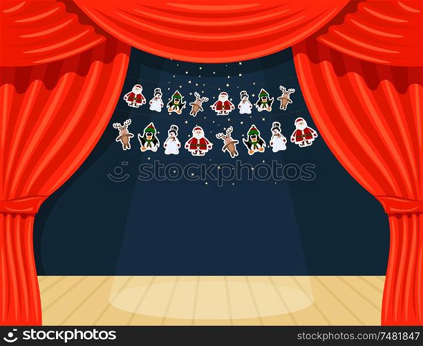 Cartoon theater. Theater curtain with spotlights beam, stars and garlands with Santa Claus. Open theater curtain. Red silk side scenes on stage. Stock vector